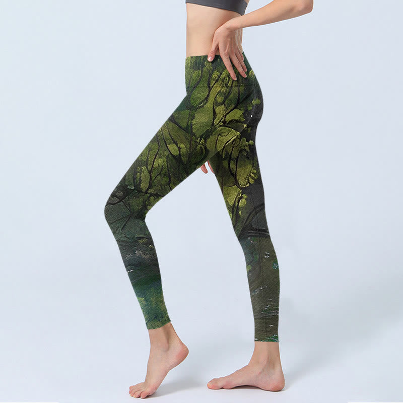 Buddha Stones ForestGreen Leaves Black Lines Print Exercise Leggings Women's Yoga Pants - image 2