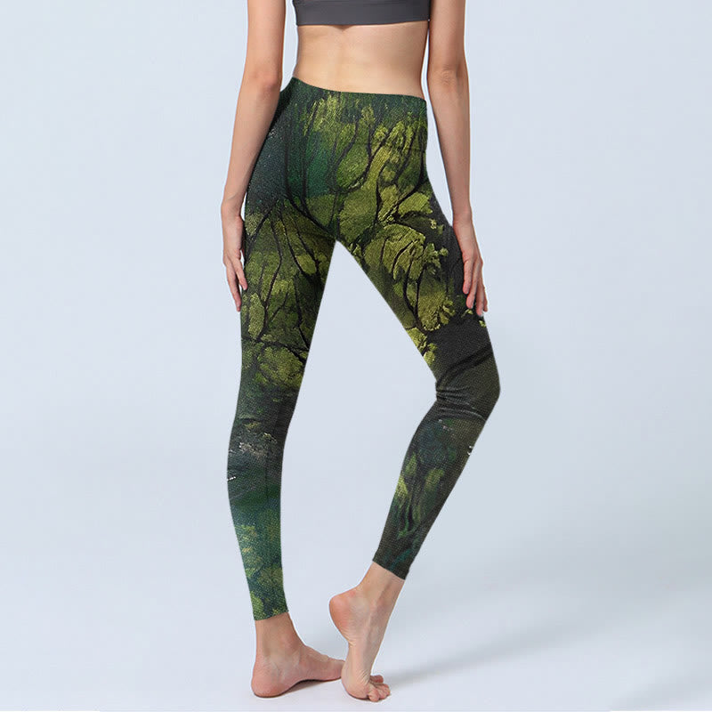 Buddha Stones ForestGreen Leaves Black Lines Print Exercise Leggings Women's Yoga Pants - image 4