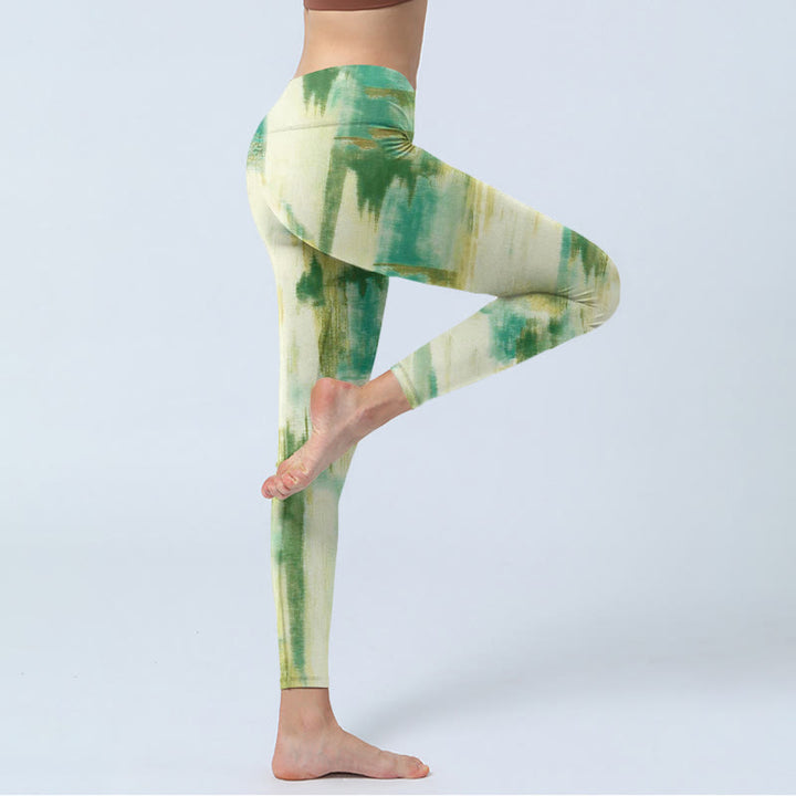 Buddha Stones Beige Green Tie Dye Print Exercise Leggings Women's Yoga Pants - image 3