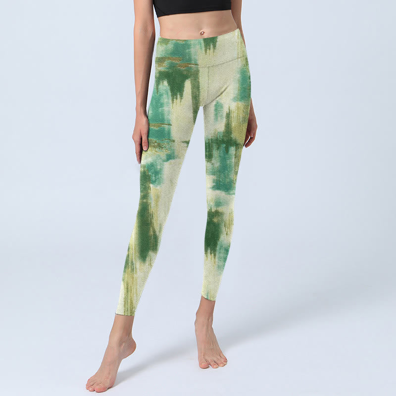 Buddha Stones Beige Green Tie Dye Print Exercise Leggings Women's Yoga Pants - image 5
