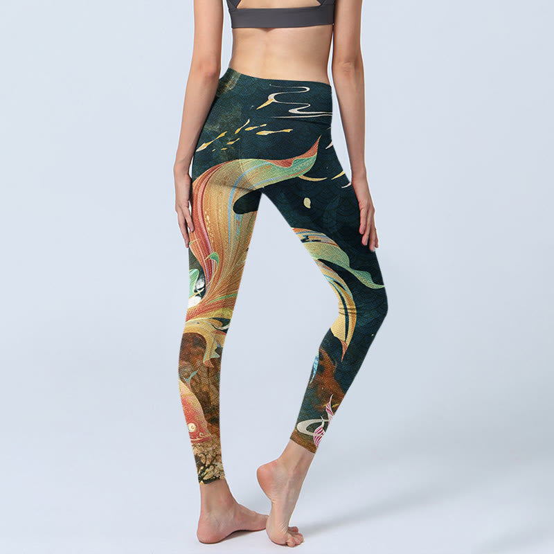 Buddha Stones Dark Slate Gray Double Koi Fish Sky Lantern Tower Exercise Leggings Women's Yoga Pants - image 4