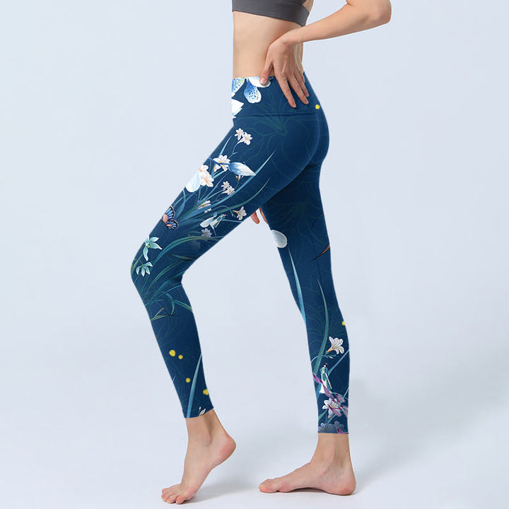 Buddha Stones SteelBlue Small White Flowers Butterfly Exercise Leggings Women's Yoga Pants - image 2