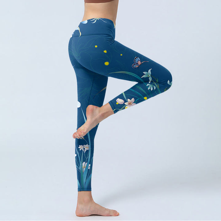 Buddha Stones SteelBlue Small White Flowers Butterfly Exercise Leggings Women's Yoga Pants - image 3