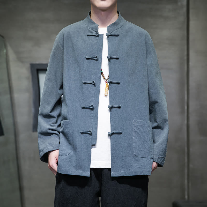 Buddha Stones Simple Frog-Button Chinese Tang Suit Cotton Men Jacket Shirt With Pockets - PowderBlue - US/UK/AU46，EU56 (5XL) - image 12