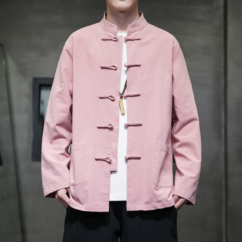 Buddha Stones Simple Frog-Button Chinese Tang Suit Cotton Men Jacket Shirt With Pockets - Pink - US/UK/AU46，EU56 (5XL) - image 30