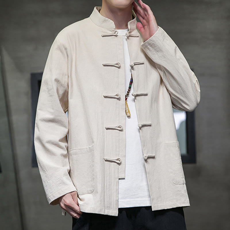 Buddha Stones Simple Frog-Button Chinese Tang Suit Cotton Men Jacket Shirt With Pockets - image 6