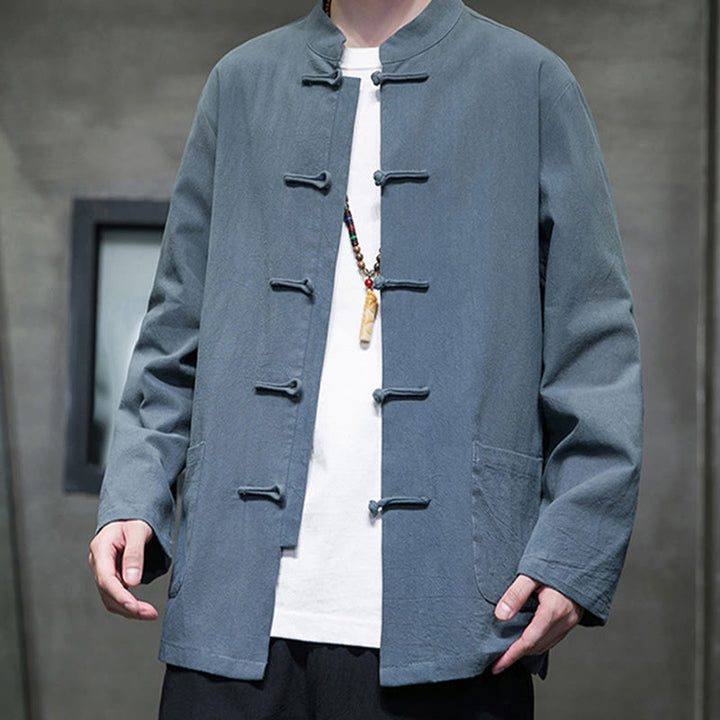 Buddha Stones Simple Frog-Button Chinese Tang Suit Cotton Men Jacket Shirt With Pockets - image 13