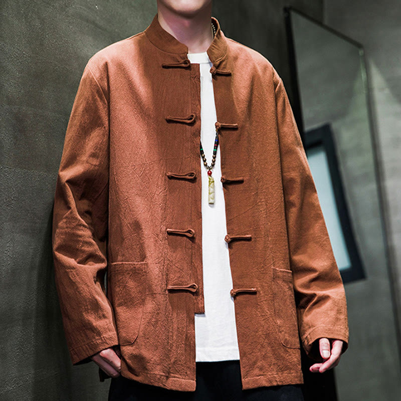 Buddha Stones Simple Frog-Button Chinese Tang Suit Cotton Men Jacket Shirt With Pockets - image 28