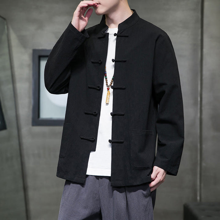 Buddha Stones Simple Frog-Button Chinese Tang Suit Cotton Men Jacket Shirt With Pockets - image 47