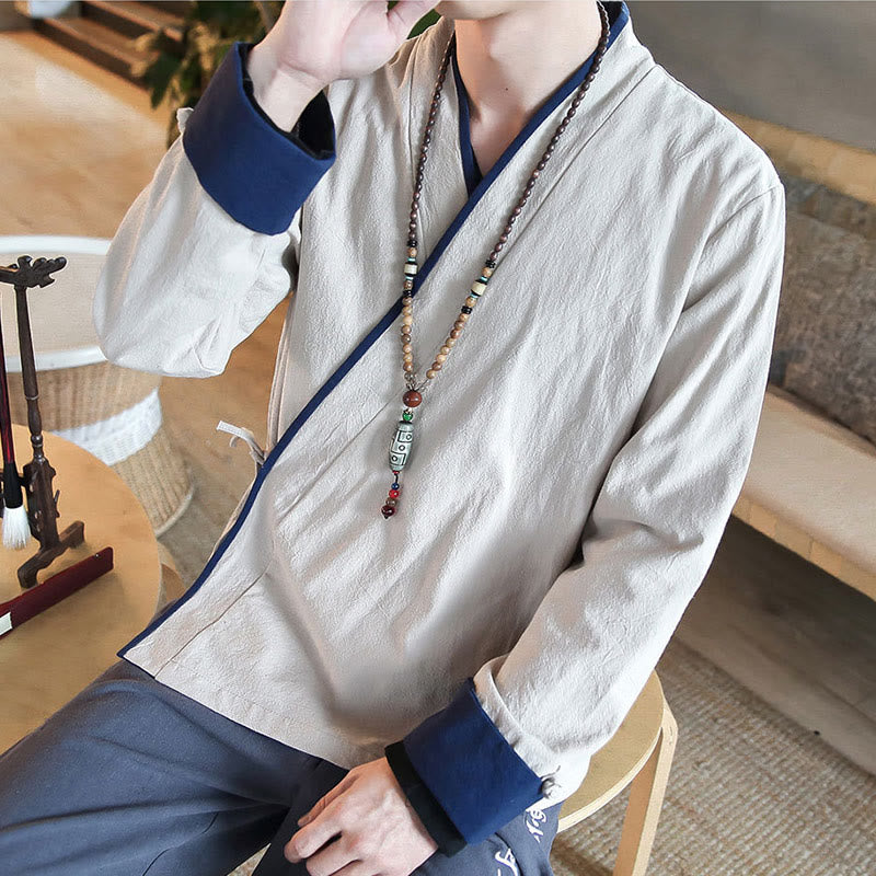 Buddha Stones Fall Colorblock Long Sleeve Shirt Linen Lace-up Men Clothing - image 13