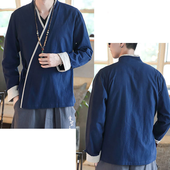 Buddha Stones Fall Colorblock Long Sleeve Shirt Linen Lace-up Men Clothing - image 6