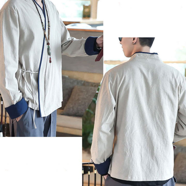 Buddha Stones Fall Colorblock Long Sleeve Shirt Linen Lace-up Men Clothing - image 16