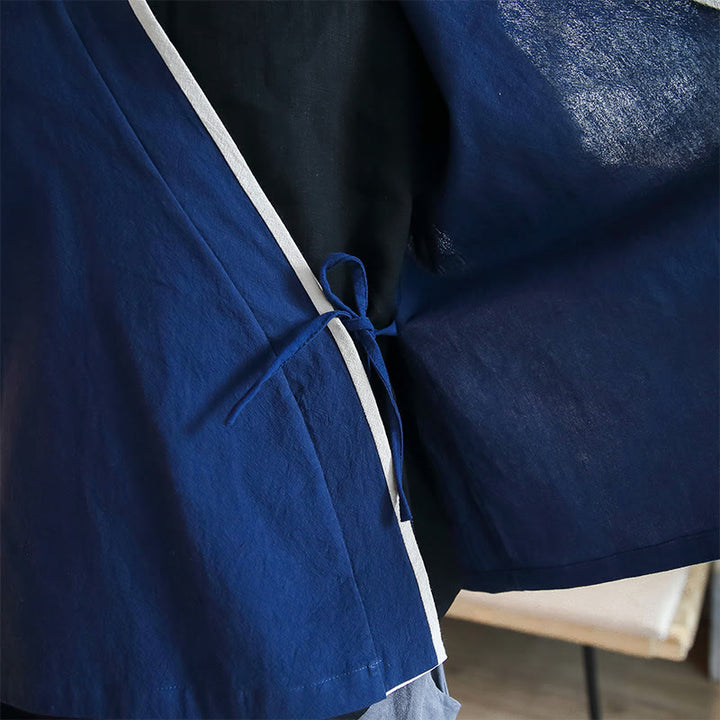 Buddha Stones Fall Colorblock Long Sleeve Shirt Linen Lace-up Men Clothing - image 9