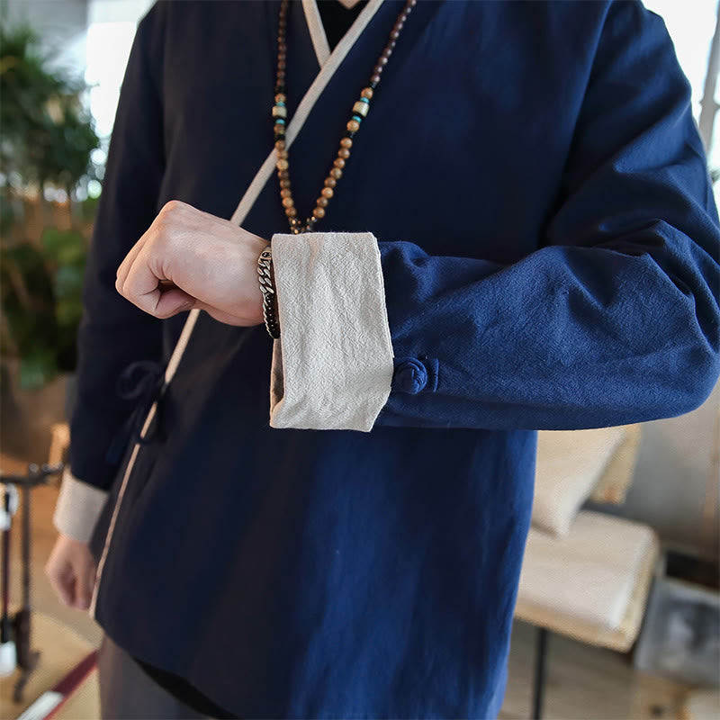 Buddha Stones Fall Colorblock Long Sleeve Shirt Linen Lace-up Men Clothing - image 4