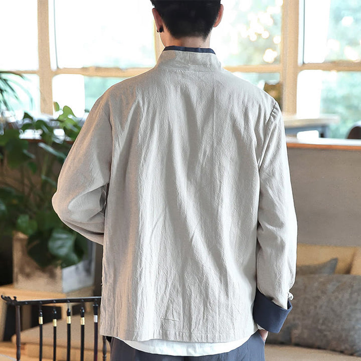 Buddha Stones Fall Colorblock Long Sleeve Shirt Linen Lace-up Men Clothing - image 12