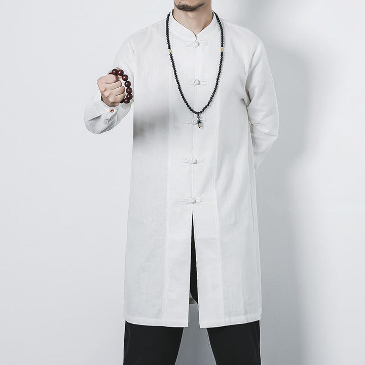 Buddha Stones Fall Simple Frog-Button Linen Men's Mid-length Coat Zen Clothing - White - US/UK/AU46，EU56 (5XL) - image 14