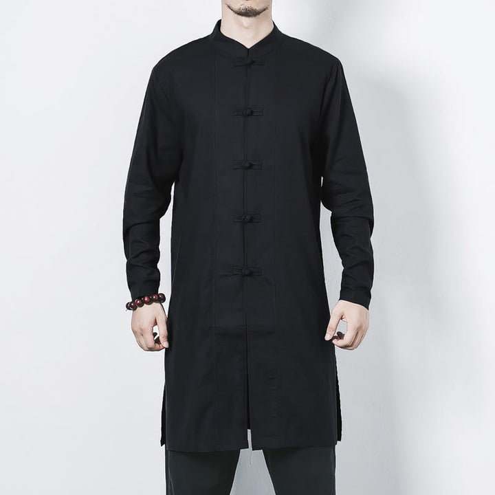 Buddha Stones Fall Simple Frog-Button Linen Men's Mid-length Coat Zen Clothing - image 17