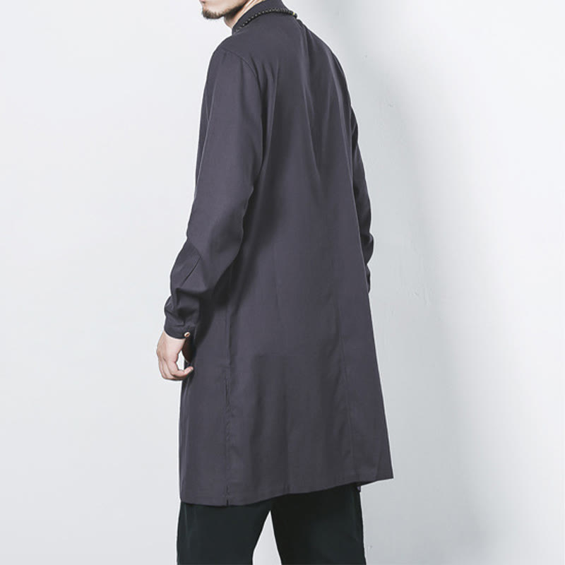 Buddha Stones Fall Simple Frog-Button Linen Men's Mid-length Coat Zen Clothing - image 24