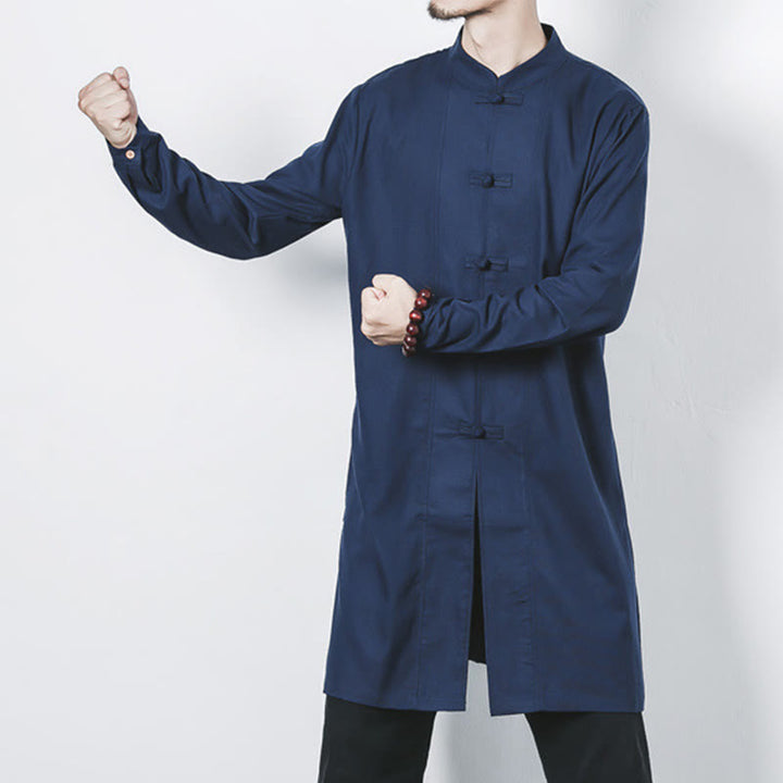 Buddha Stones Fall Simple Frog-Button Linen Men's Mid-length Coat Zen Clothing - image 4