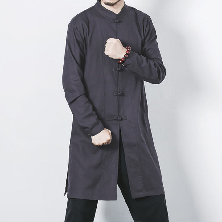 Buddha Stones Fall Simple Frog-Button Linen Men's Mid-length Coat Zen Clothing - Gray - US/UK/AU46，EU56 (5XL) - image 22