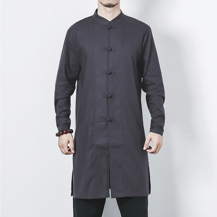 Buddha Stones Fall Simple Frog-Button Linen Men's Mid-length Coat Zen Clothing - image 23