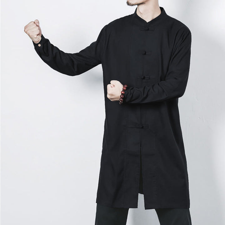Buddha Stones Fall Simple Frog-Button Linen Men's Mid-length Coat Zen Clothing - image 21