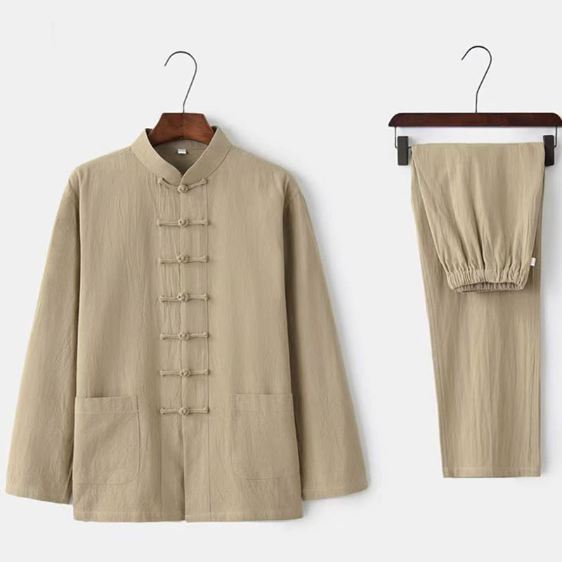 Buddha Stones 2Pcs Tang Suit Traditional Frog-Button Uniform Long Sleeve Shirt Pants Men's Set - Beige - US/UK/AU46，EU56 (5XL) - image 0