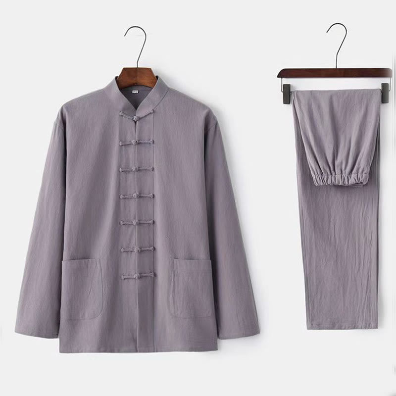 Buddha Stones 2Pcs Tang Suit Traditional Frog-Button Uniform Long Sleeve Shirt Pants Men's Set - Gainsboro - US/UK/AU46，EU56 (5XL) - image 2