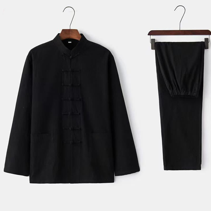 Buddha Stones 2Pcs Tang Suit Traditional Frog-Button Uniform Long Sleeve Shirt Pants Men's Set - Black - US/UK/AU46，EU56 (5XL) - image 3