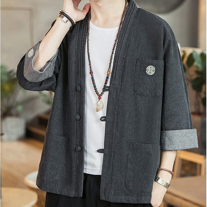 Buddha Stones Men's Frog-Button Tang Suit Three Quarter Sleeve Jacket Shirt With Pockets - image 2