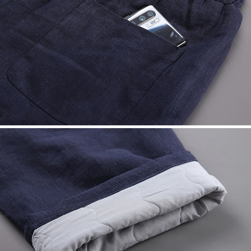 Buddha Stones Winter Men's Fleece Lined Drawstring Linen Pants With Pockets - image 5