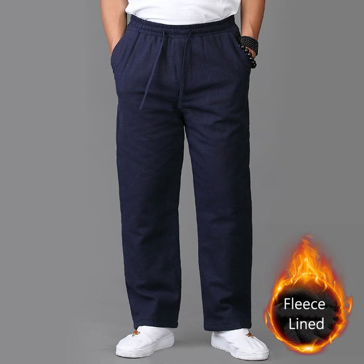 Buddha Stones Winter Men's Fleece Lined Drawstring Linen Pants With Pockets - SteelBlue - US/UK/AU42，EU52 (3XL) - image 0