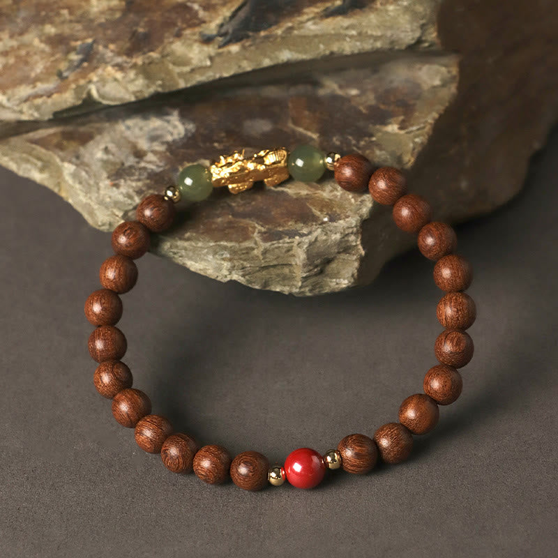Buddha Stones 999 Sterling Silver Sandalwood Ebony Wood Small Leaf Red Sandalwood Hetian Jade Cinnabar PiXiu Wealth Bracelet - image 4