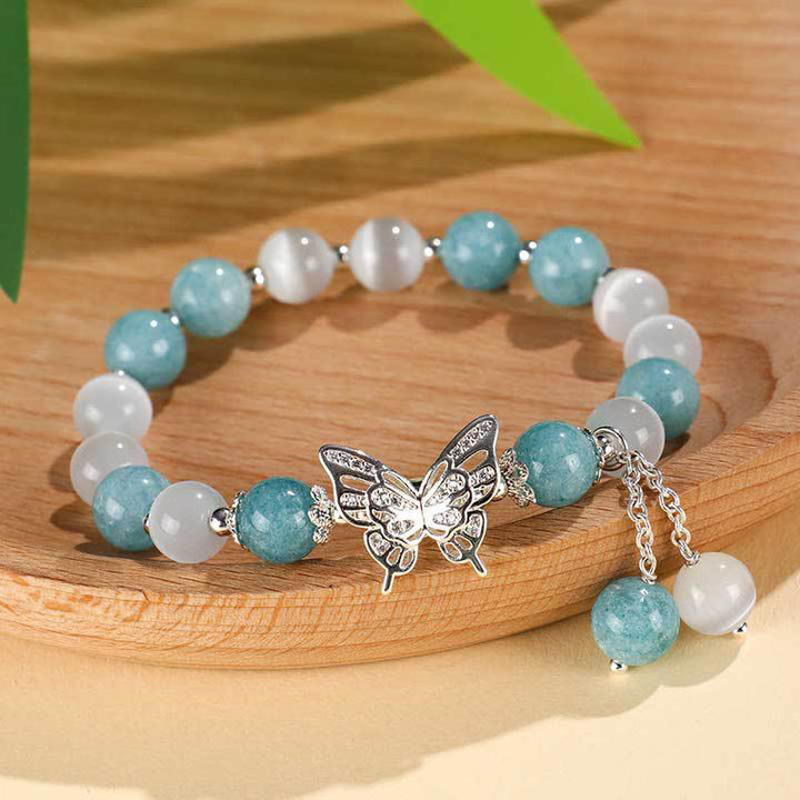 Buddha Stones Chrysoberyl Cat's Eye Chalcedony Butterfly Love Bracelet - Cat's Eye Blue Chalcedony(Wrist Circumference: 14-16cm) - image 0