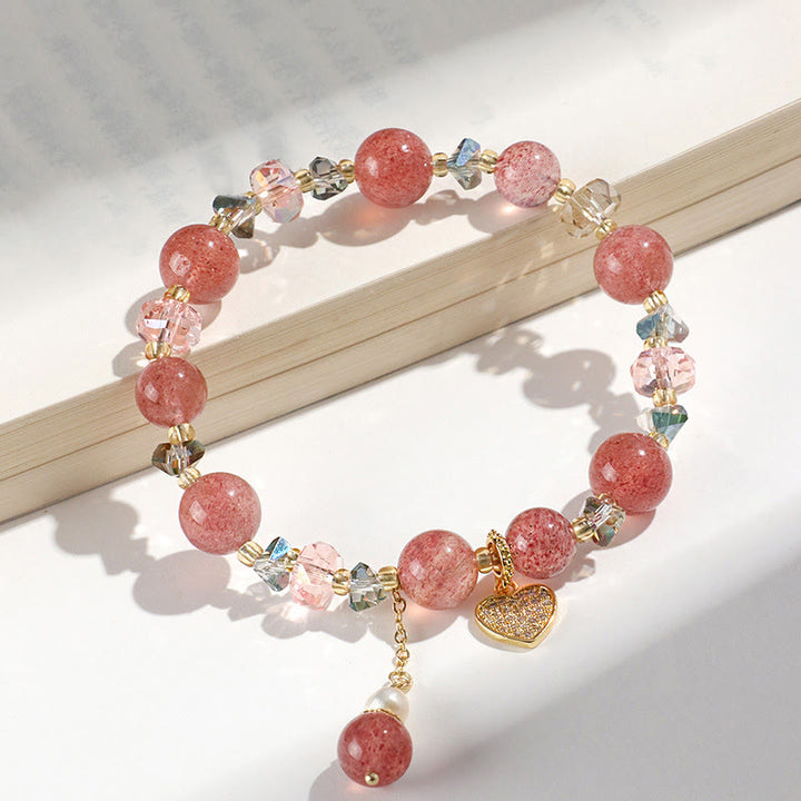 Buddha Stones Strawberry Quartz White Crystal Pearl Liuli Heart Healing Bracelet - image 4