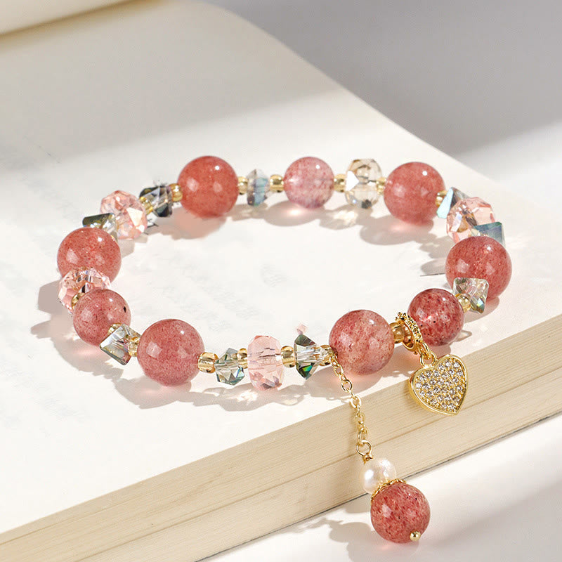 Buddha Stones Strawberry Quartz White Crystal Pearl Liuli Heart Healing Bracelet - image 1