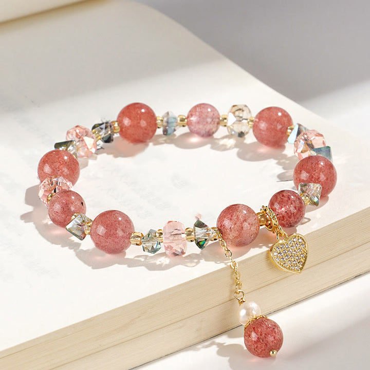 Buddha Stones Strawberry Quartz White Crystal Pearl Liuli Heart Healing Bracelet - image 1