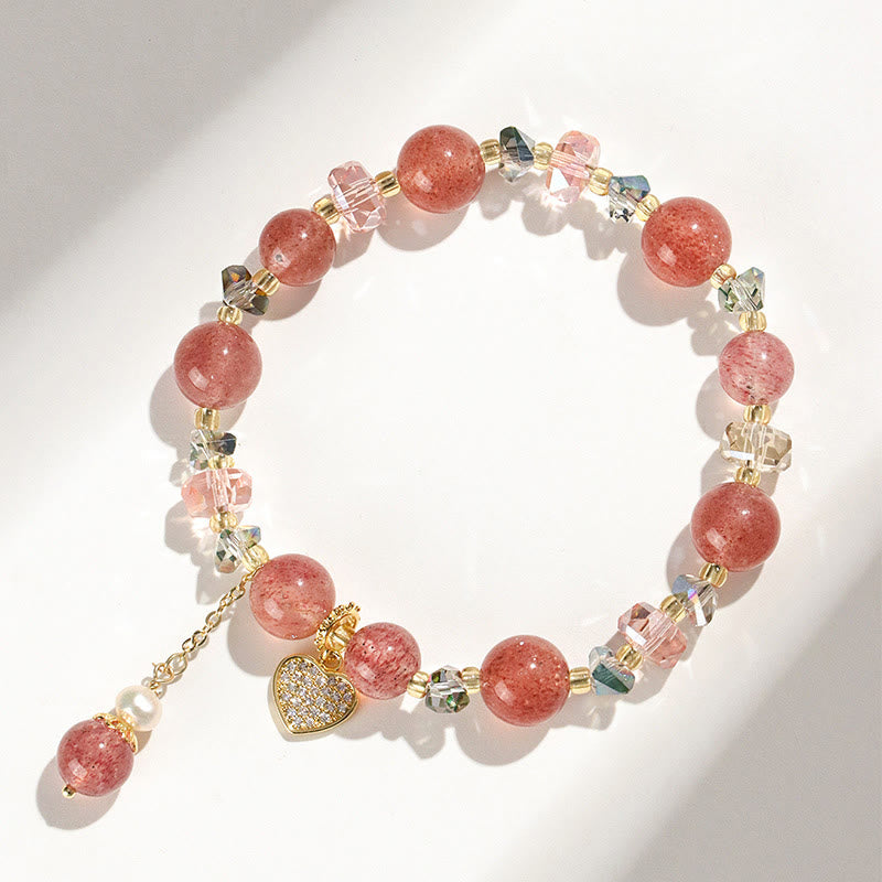 Buddha Stones Strawberry Quartz White Crystal Pearl Liuli Heart Healing Bracelet - image 3