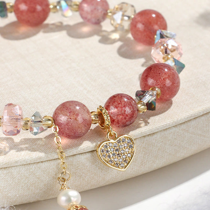 Buddha Stones Strawberry Quartz White Crystal Pearl Liuli Heart Healing Bracelet - image 7