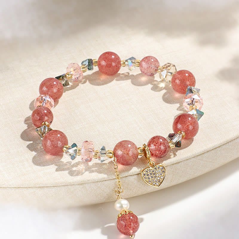 Buddha Stones Strawberry Quartz White Crystal Pearl Liuli Heart Healing Bracelet - Strawberry Quartzl(Wrist Circumference: 14-16cm) - image 0