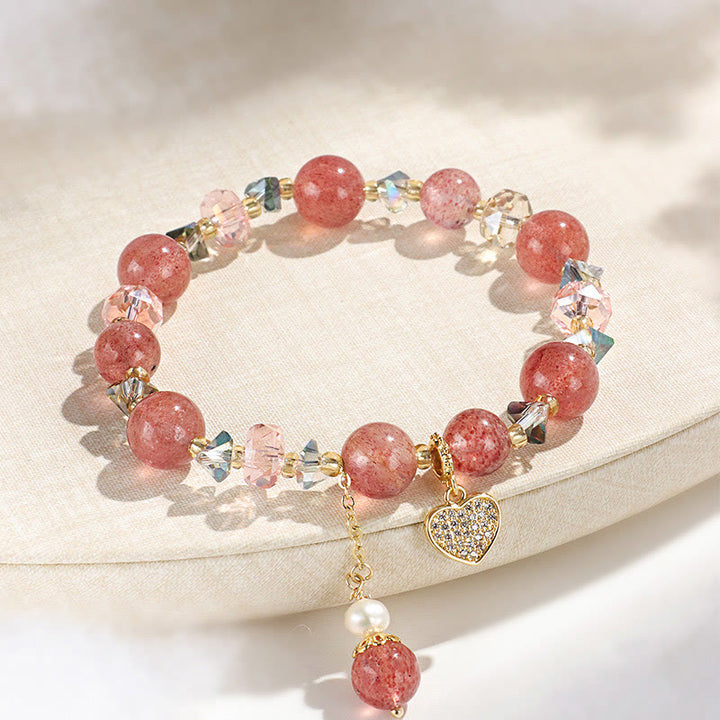 Buddha Stones Strawberry Quartz White Crystal Pearl Liuli Heart Healing Bracelet - Strawberry Quartzl(Wrist Circumference: 14-16cm) - image 0