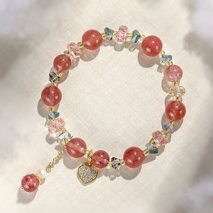Buddha Stones Strawberry Quartz White Crystal Pearl Liuli Heart Healing Bracelet - image 2