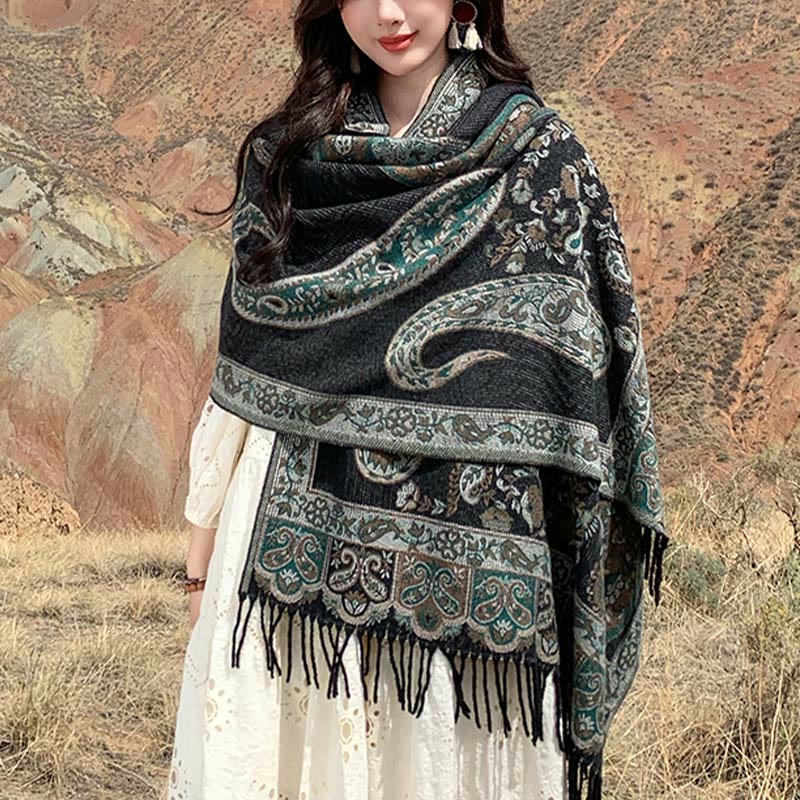 Buddha Stones Tibetan Cashew Flower Tassel Shawl Fall Winter Cozy Travel Scarf Wrap - DarkSeaGreen - 180*65cm - image 0