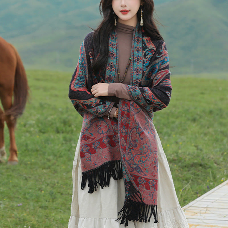 Buddha Stones Tibetan Cashew Flower Tassel Shawl Fall Winter Cozy Travel Scarf Wrap - image 22