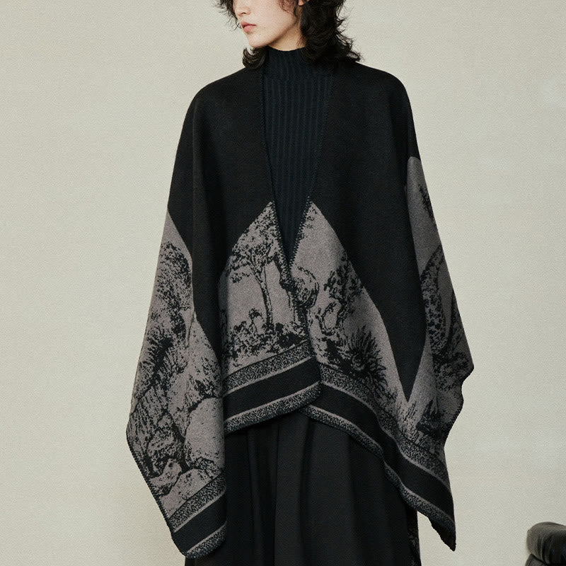 Buddha Stones Black Gray Sika Deer Animal Forest Double-sided Shawl Fall Winter Warm Scarf Wrap - Black 133*158cm - image 0