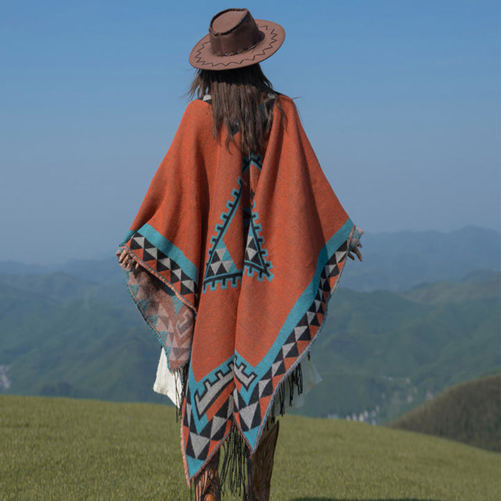 Buddha Stones Tibetan Orange Geometric Rhombus Pattern Tassels Shawl Fall Winter Warm Scarf Wrap - image 4