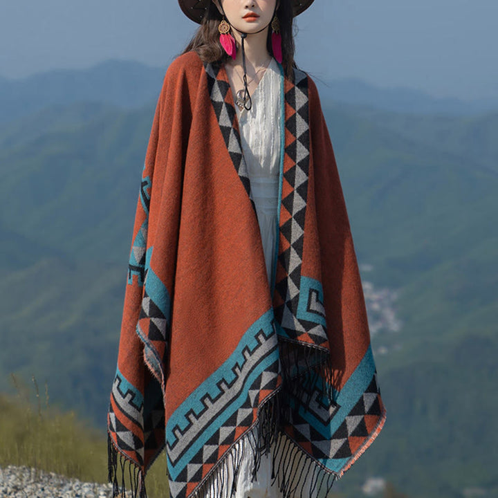 Buddha Stones Tibetan Orange Geometric Rhombus Pattern Tassels Shawl Fall Winter Warm Scarf Wrap - image 1