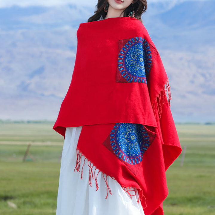 Buddha Stones Tibetan Geometric Round Mandala Pattern Tassels Shawl Fall Winter Cozy Scarf Wrap With Pockets - Red - 140*155cm - image 0