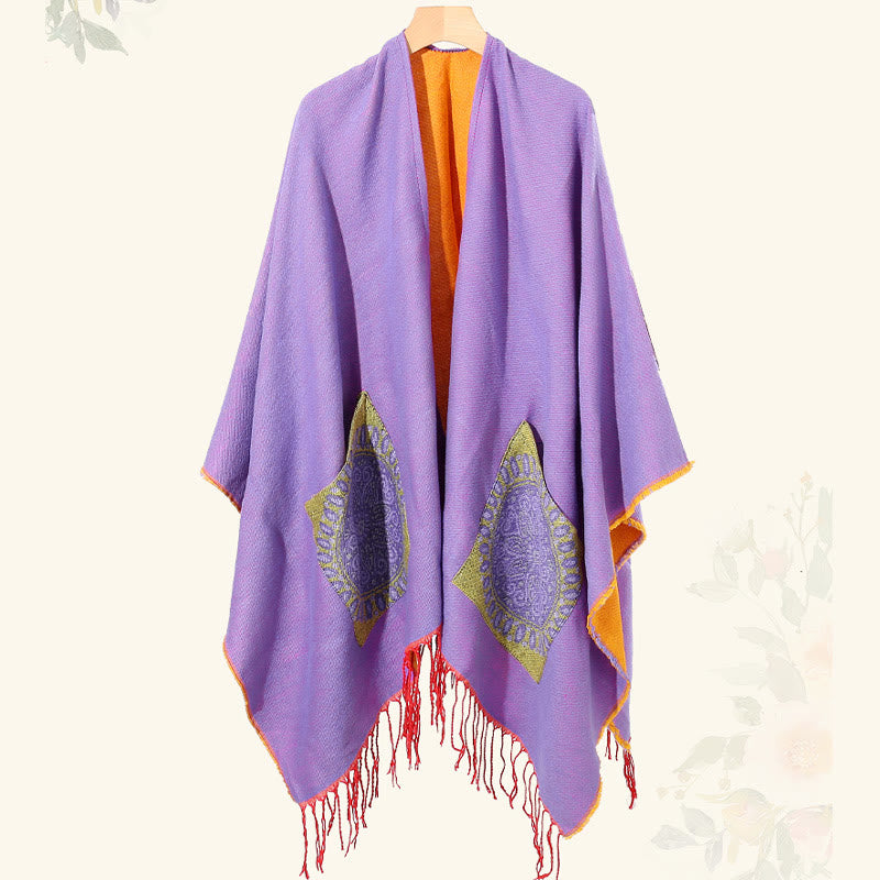 Buddha Stones Tibetan Geometric Round Mandala Pattern Tassels Shawl Fall Winter Cozy Scarf Wrap With Pockets - image 45