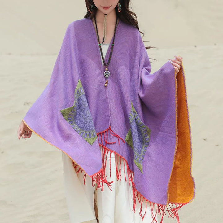 Buddha Stones Tibetan Geometric Round Mandala Pattern Tassels Shawl Fall Winter Cozy Scarf Wrap With Pockets - image 39